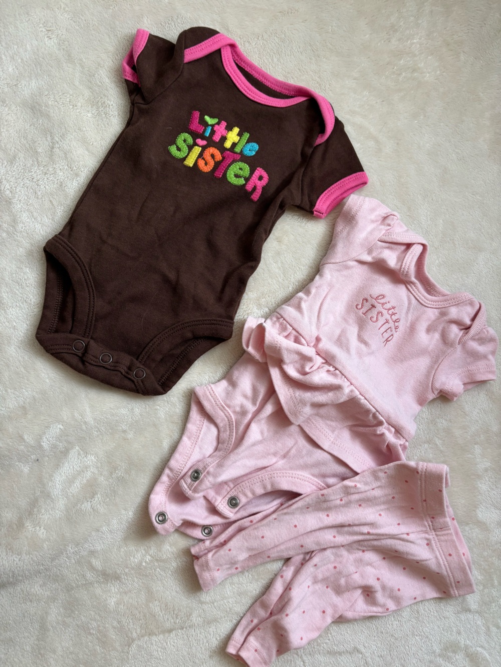 Little Sister One-Piece Bodysuit Pants - Brown & Pink 3 piece set newborn girl